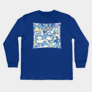 The secret map of Unicorns Village II // indigo blue background Kids Long Sleeve T-Shirt